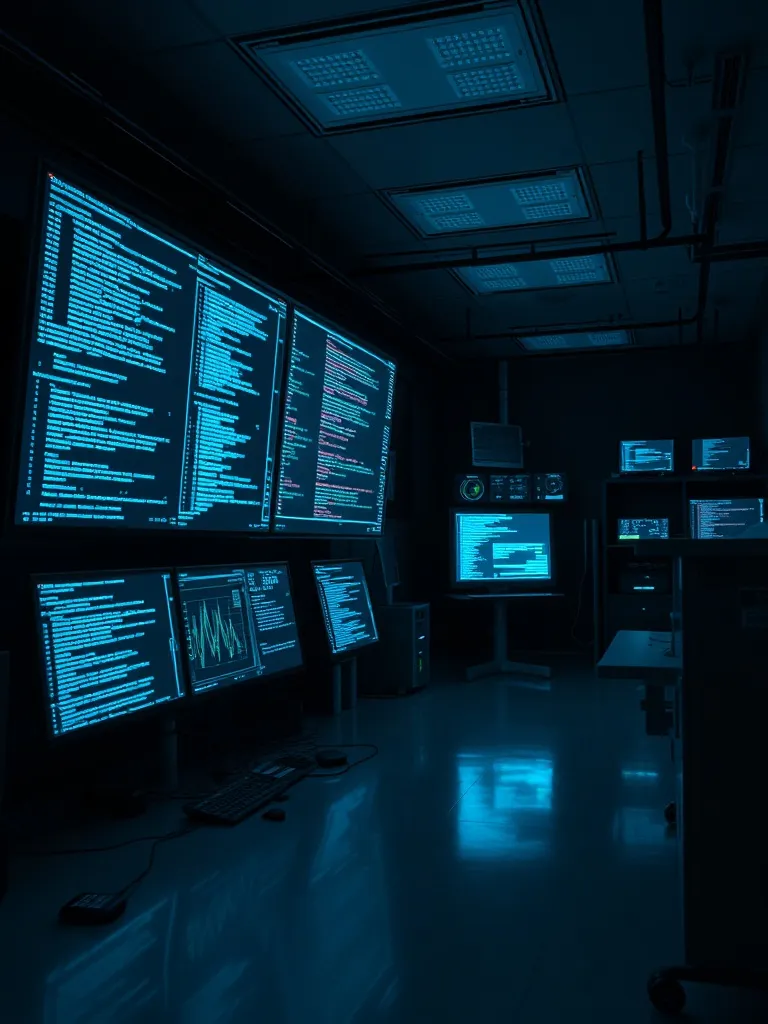 A high-tech laboratory environment with glowing cyan screens