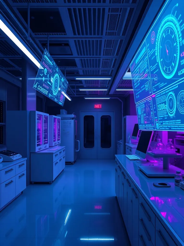Futuristic clean laboratory with digital holographic interfa