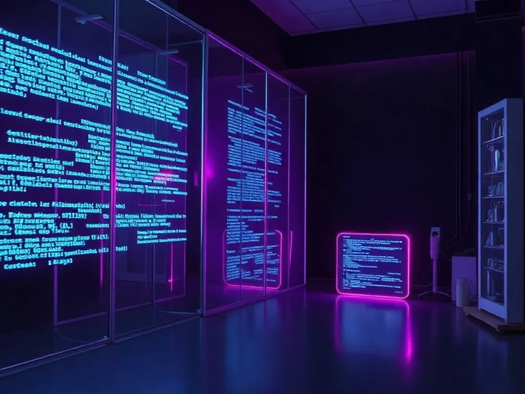 A high-tech laboratory setting with abstract digital code pr