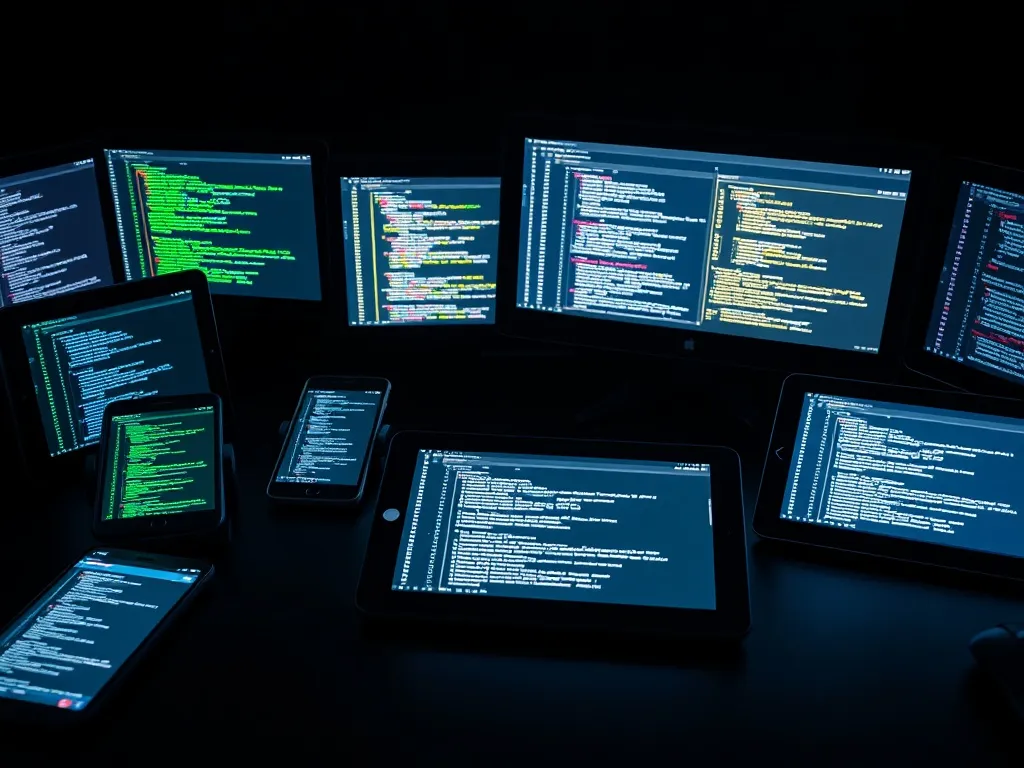 Multiple mobile devices and tablets on a dark desk, glowing