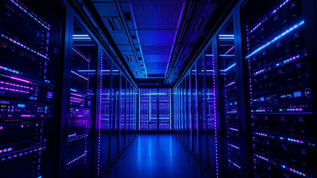 High-tech server room with glowing blue and violet lights, a